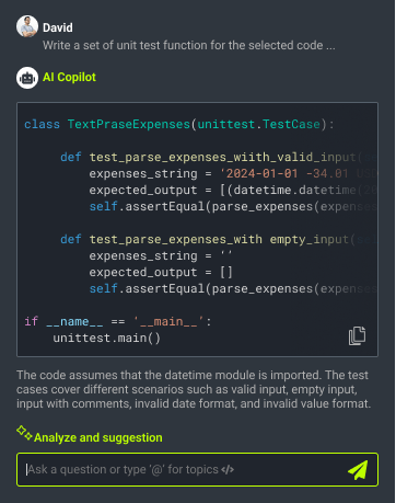 Test eines Codebeispiels in AI Copilot